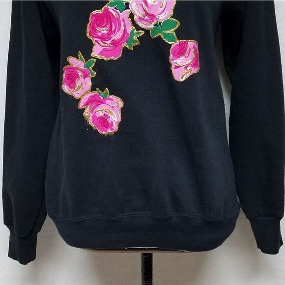 VINTAGE Lee Hand Made Floral Applique Gold Metallic Side Slit Sweatshirt Medium - Picture 9 of 14